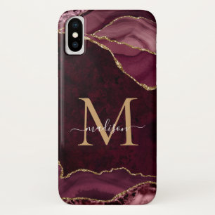 Burgundy Red Gold Glitter Agate Gemstone Monogram Case-Mate iPhone Case