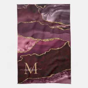 Burgundy Red Gold Glitter Geode Marble Monogram Theedoek