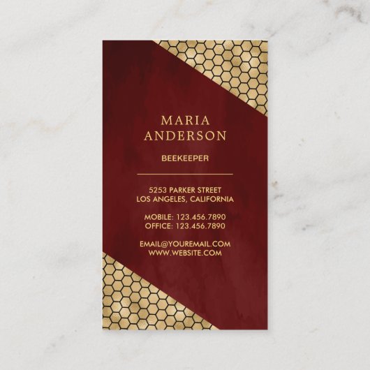 Burgundy Red Gold Glitter Honey Beekeeper Visitekaartje (Achterkant)