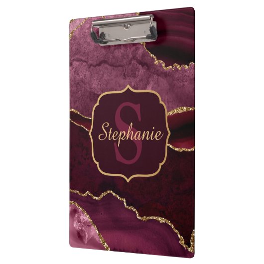 Burgundy Red & Gold Glitter Marble Agate Monogram Klembord (Links)