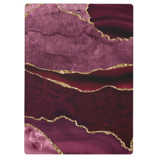 Burgundy Red & Gold Glitter Marble Agate Monogram Klembord (Achterkant)