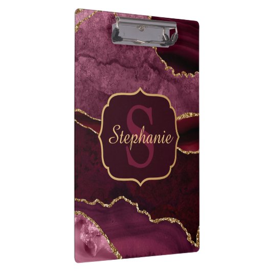 Burgundy Red & Gold Glitter Marble Agate Monogram Klembord (Rechts)