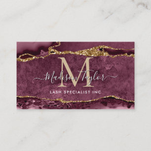 Burgundy Red Gold Glitter Marble Agate Monogram Visitekaartje