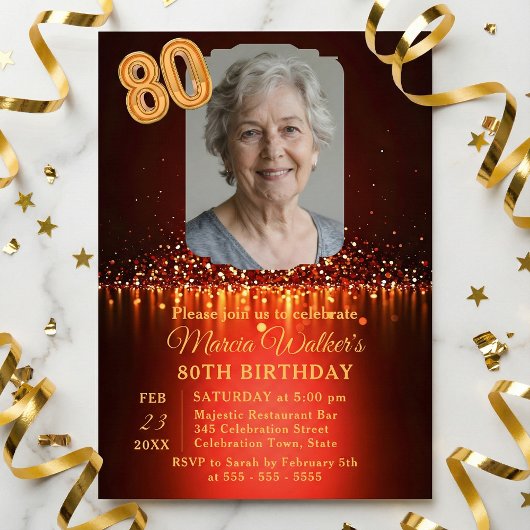 Burgundy Red & Gold Glitter Photo 80th Birthday Kaart
