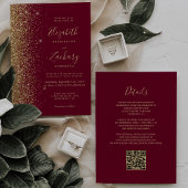 Burgundy Red Gold Glitter QR Code Wedding Kaart