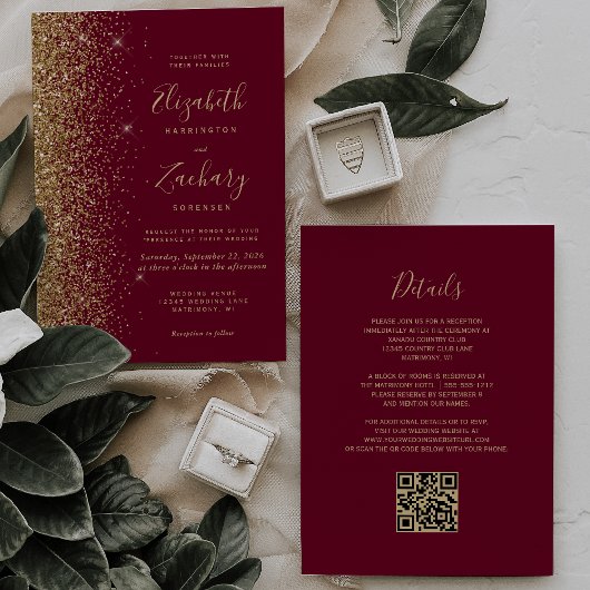 Burgundy Red Gold Glitter QR Code Wedding Kaart