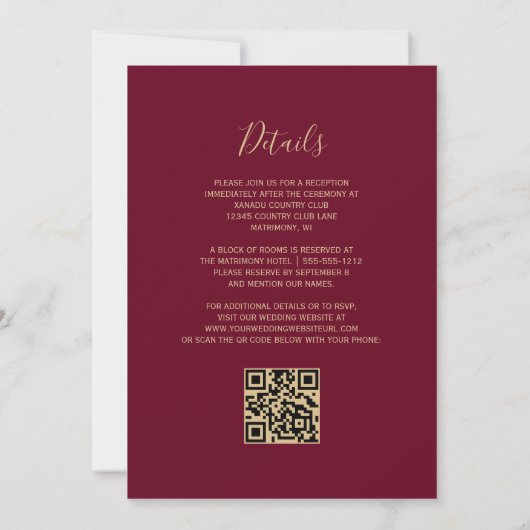 Burgundy Red Gold Glitter QR Code Wedding Kaart (Achterkant)