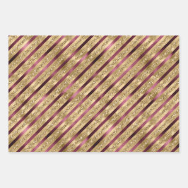 Burgundy Red Gold Glitter Stripes Inpakpapier Vel