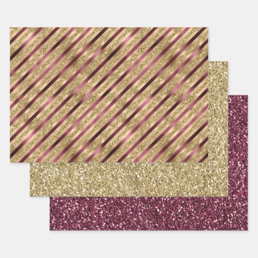 Burgundy Red Gold Glitter Stripes Inpakpapier Vel (Set)