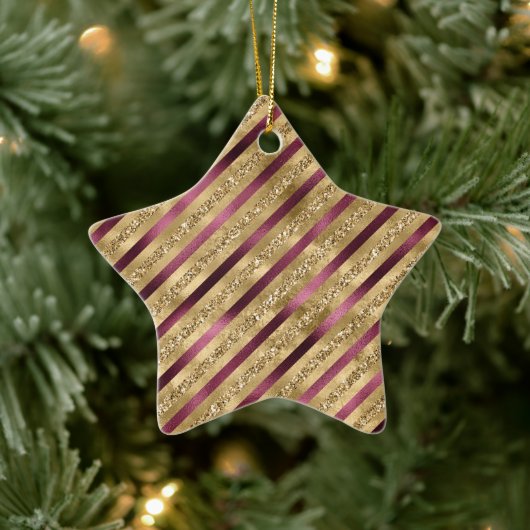 Burgundy Red Gold Glitter Stripes Keramisch Ornament (Boom)