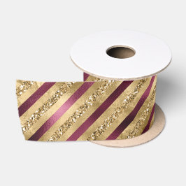 Burgundy Red Gold Glitter Stripes Satijnen Lint