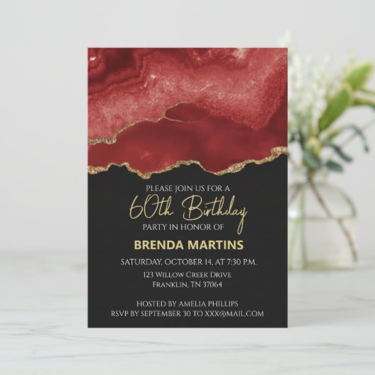 Burgundy Red Gold Glitter  Watercolor Kaart (Staand voorkant)