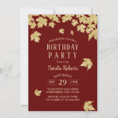 Burgundy Red & Gold Leaves Modern Birthday Party Kaart (Voorkant)