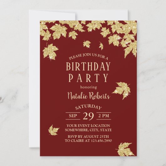 Burgundy Red & Gold Leaves Modern Birthday Party Kaart (Voorkant)
