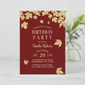 Burgundy Red & Gold Leaves Modern Birthday Party Kaart (Staand voorkant)