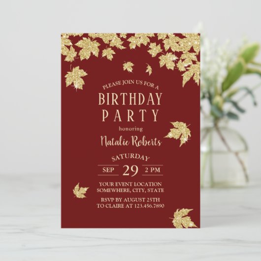 Burgundy Red & Gold Leaves Modern Birthday Party Kaart (Staand voorkant)
