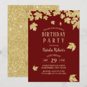 Burgundy Red & Gold Leaves Modern Birthday Party Kaart (Voorkant / Achterkant)
