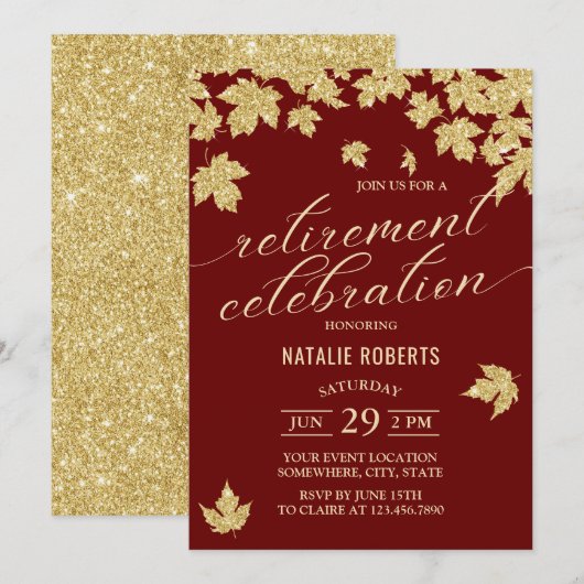 Burgundy Red & Gold Leaves Modern Retirement Party Kaart (Voorkant / Achterkant)