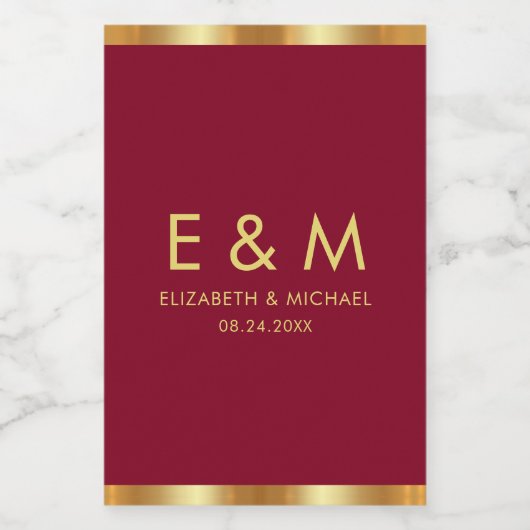 Burgundy Red Gold Monogram Text Save the Date Wijn Etiket (Enkel label)