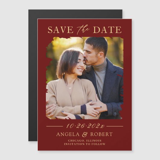 Burgundy Red Gold Photo Save the Date Magnet (Voorkant / Achterkant)