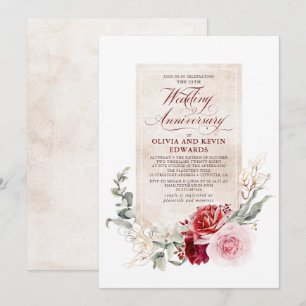 Burgundy Red Gold Pink Floral Wedding Jubileum Kaart