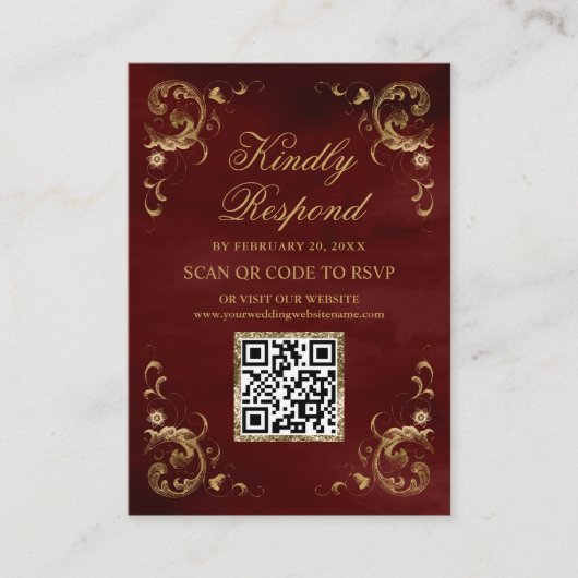 Burgundy Red Gold QR Code RSVP Weddenschap Website Informatiekaartje (Voorkant)