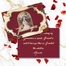 Burgundy Red & Gold Rose Quinceañera Photo Bedankkaart