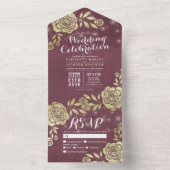 Burgundy Red Gold Rozen String Lights Wedding RSVP All In One Uitnodiging (Binnen)