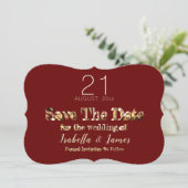 Burgundy Red Gold Script Weduwen sparen de datum Save The Date (Staand voorkant)