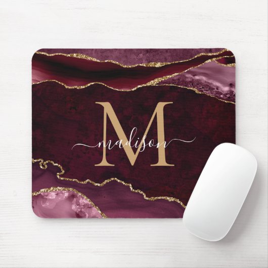 Burgundy Red Gold Sparkle Agate Geode Monogram Muismat (Met muis)