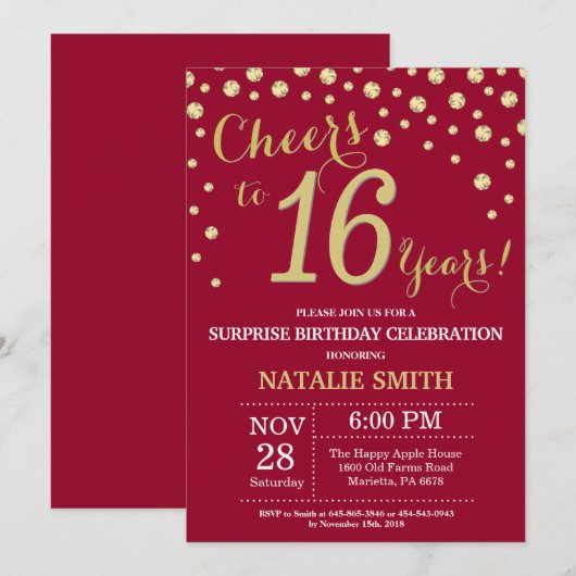 Burgundy Red Gold Surprise 16e verjaardag Diamond Kaart (Voorkant / Achterkant)