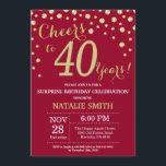 Burgundy Red Gold Surprise 40th Birthday Diamond Kaart<br><div class="desc">Verrassend 40e verjaardag Uitnodiging met de achtergrond Burgundy Red en Gold Glitter Diamond. Gold Confetti. Volwassen verjaardag. Mannelijke Mannen of vrouwen: Birthday. Voor verdere aanpassing,  te klikken gelieve de knoop "van de Aanpassing het"en ons ontwerphulpmiddel te gebruiken om deze sjabloon te wijzigen.</div>