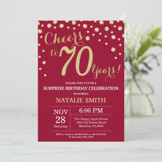 Burgundy Red Gold Surprise 70th Birthday Diamond Kaart (Staand voorkant)