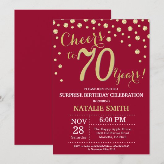 Burgundy Red Gold Surprise 70th Birthday Diamond Kaart (Voorkant / Achterkant)