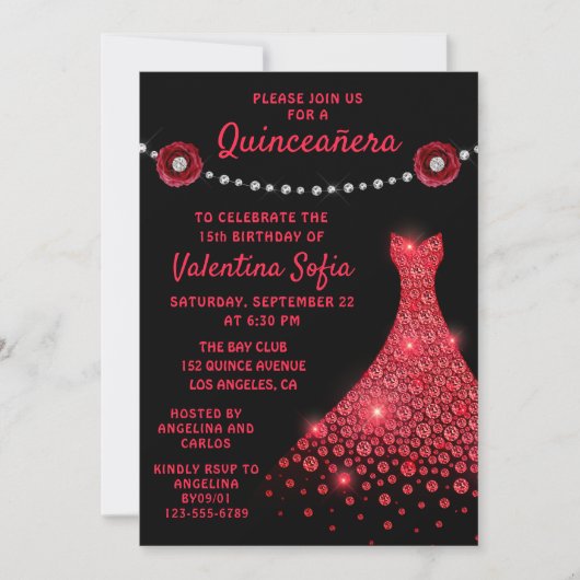 Burgundy Red Gown Diamond Roos Modern Quinceañera Kaart (Voorkant)