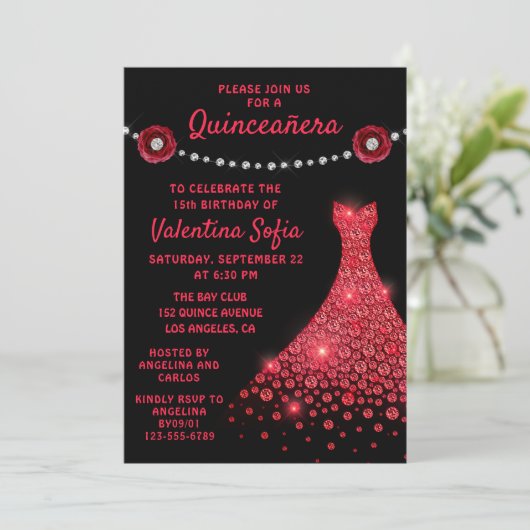 Burgundy Red Gown Diamond Roos Modern Quinceañera Kaart (Staand voorkant)
