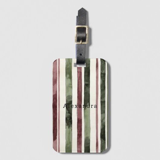Burgundy Red Green Cream Stripes Bagagelabel (Voorkant (verticaal))
