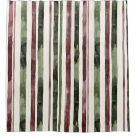 Burgundy Red Green Cream Stripes Christmas Douchegordijn
