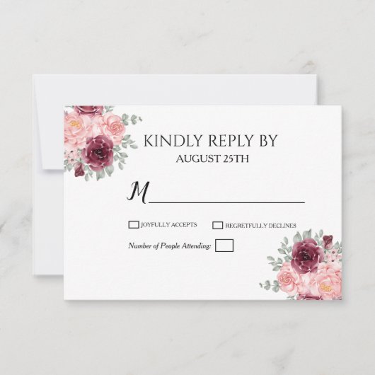 Burgundy Red Greenery Floral Waterverf Wedding RSVP Kaartje (Voorkant)