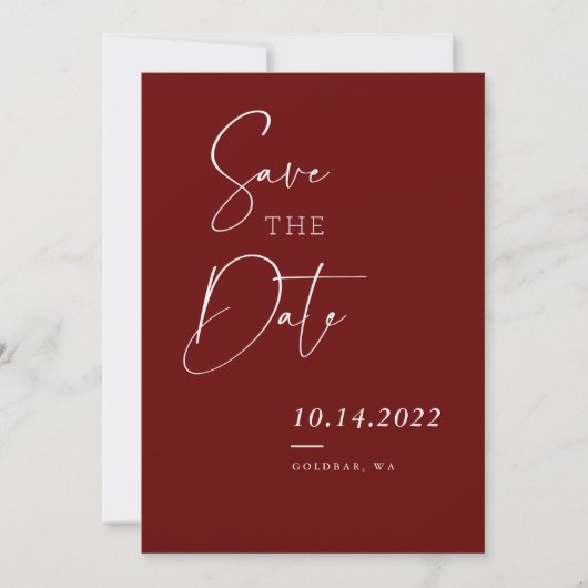 Burgundy Red Herfst Chic Script Save the Date Kaart (Voorkant)