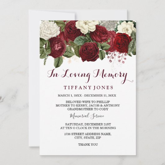 Burgundy Red in Loving Memory Memorial Service Kaart (Voorkant)