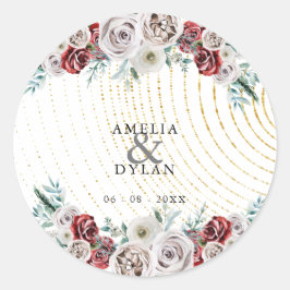 Burgundy Red Ivory Floral Gold Coral Wedding Ronde Sticker