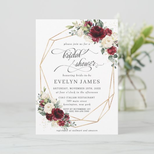 Burgundy Red Ivory Floral Vrijgezellenfeest Geomet Kaart (Staand voorkant)