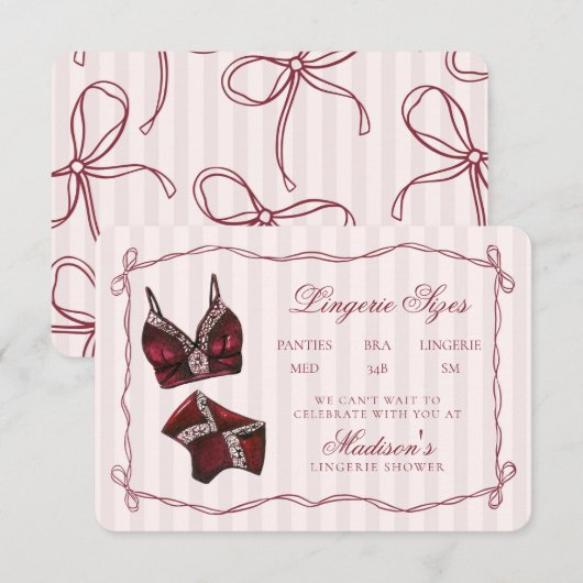 Burgundy Red Lingerie Sizes Shower Bow Informatiekaartje (Voorkant / Achterkant)