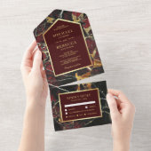 Burgundy Red Marble Faux Gold Foil Weddenschap All In One Uitnodiging (Afscheurbaar)
