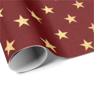 Burgundy Red Maroon Gold Stars Feestdagen Cadeaupapier