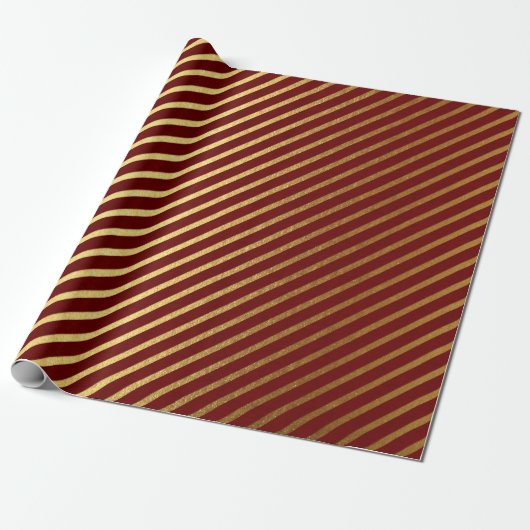 Burgundy Red Maroon Gold Stripes Lux Cadeaupapier (Uitgerold)