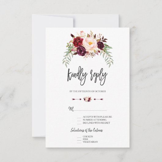Burgundy Red Marsala Floral Hand Lettering RSVP (Voorkant)