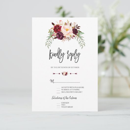 Burgundy Red Marsala Floral Hand Lettering RSVP (Staand voorkant)