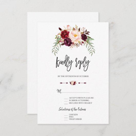 Burgundy Red Marsala Floral Hand Lettering RSVP (Voorkant / Achterkant)